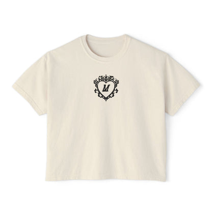thtgrlreads Liv Zander collection vintage-washed cream crop top featuring a black intricate heart design with the letter "M," made from premium Comfort Colors fabric.