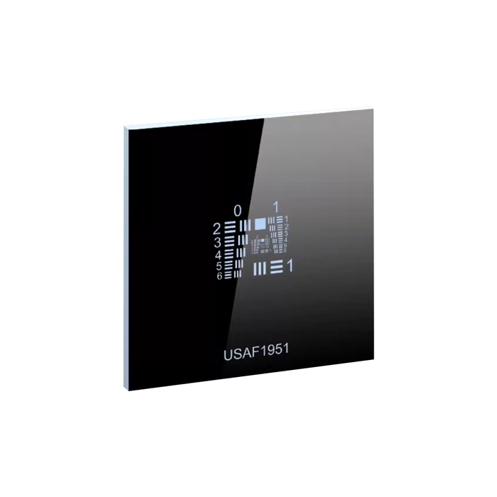 Manufacturing Precision ±0.5μm Glass Resolution Test Target (USAF1951 Style, 2x2″, Negative), SKU CT20060102, three quarter front view