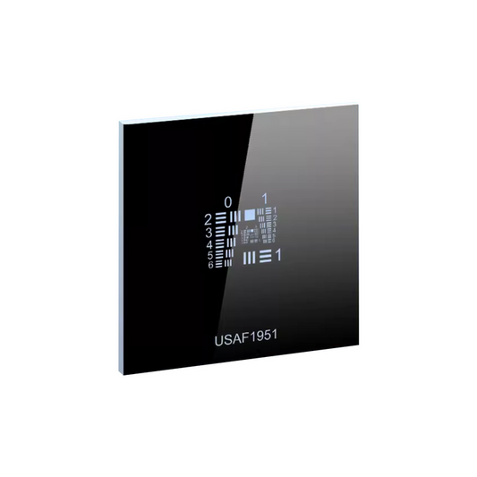 Manufacturing Precision ±0.5μm Glass Resolution Test Target (USAF1951 Style, 2x2″, Negative), SKU CT20060102, three quarter front view