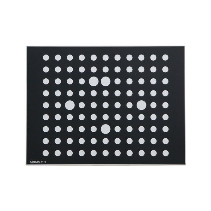Manufacturing Precision ±10μm Black Dot Calibration Target on Glass (200x150mm 11x9), SKU CT20010301, three quarter front view