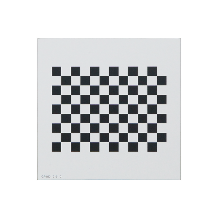 Manufacturing Precision ±10μm Glass Checkerboard Calibration Target (150x150mm 12x9), SKU CT20020103, three quarter front view