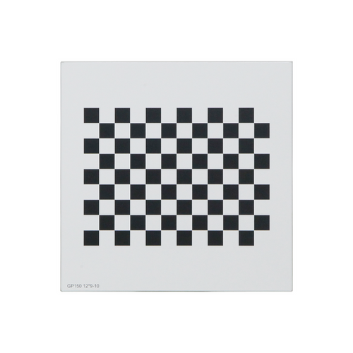 Manufacturing Precision ±10μm Glass Checkerboard Calibration Target (150x150mm 12x9), SKU CT20020103, three quarter front view