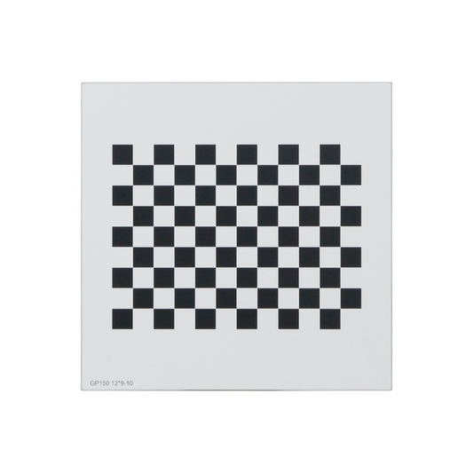 Manufacturing Precision ±10μm Glass Checkerboard Calibration Target (150x150mm 12x9), SKU CT20020103, three quarter front view