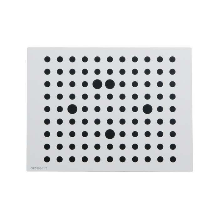 Manufacturing Precision ±10μm White Dot Calibration Target on Glass (200x150mm 11x9), SKU CT20010302, three quarter front view