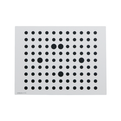 Manufacturing Precision ±10μm White Dot Calibration Target on Glass (200x150mm 11x9), SKU CT20010302, three quarter front view