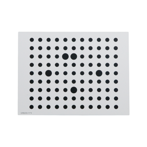 Manufacturing Precision ±10μm White Dot Calibration Target on Glass (200x150mm 11x9), SKU CT20010302, three quarter front view