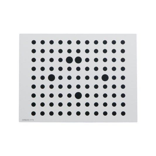 Manufacturing Precision ±10μm White Dot Calibration Target on Glass (200x150mm 11x9), SKU CT20010302, three quarter front view