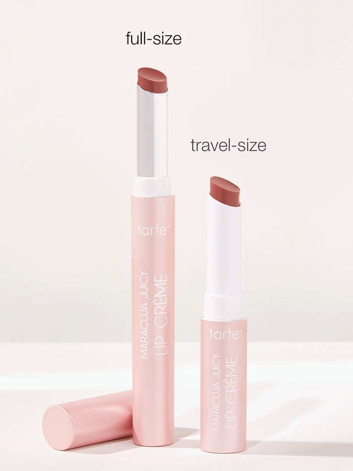 Two lip crèmes, one full-size and one travel-size, on a white background with 'tarte' branding.