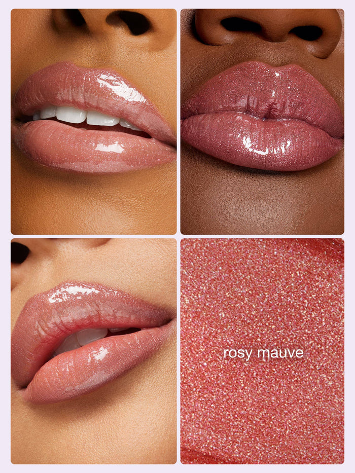 Glossy lips shimmer with rosy mauve color under different lighting. Close-up views highlight texture and shine. Text reads rosy mauve on a glittery background.