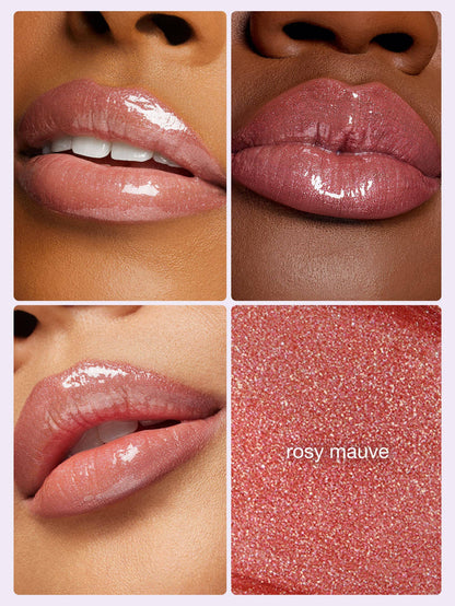 Glossy lips shimmer with rosy mauve color under different lighting. Close-up views highlight texture and shine. Text reads rosy mauve on a glittery background.