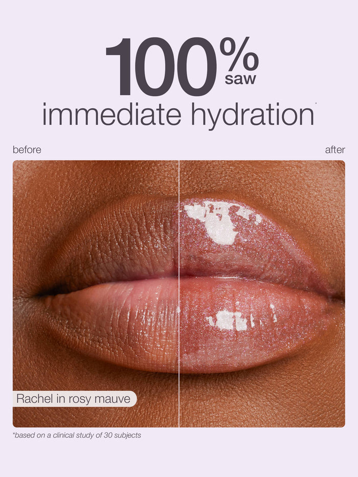 Lips show visible hydration improvement, transitioning from matte to glossy. Accompanying text: 100% saw immediate hydration, before, after, Rachel in rosy mauve, *based on a clinical study of 30 subjects.