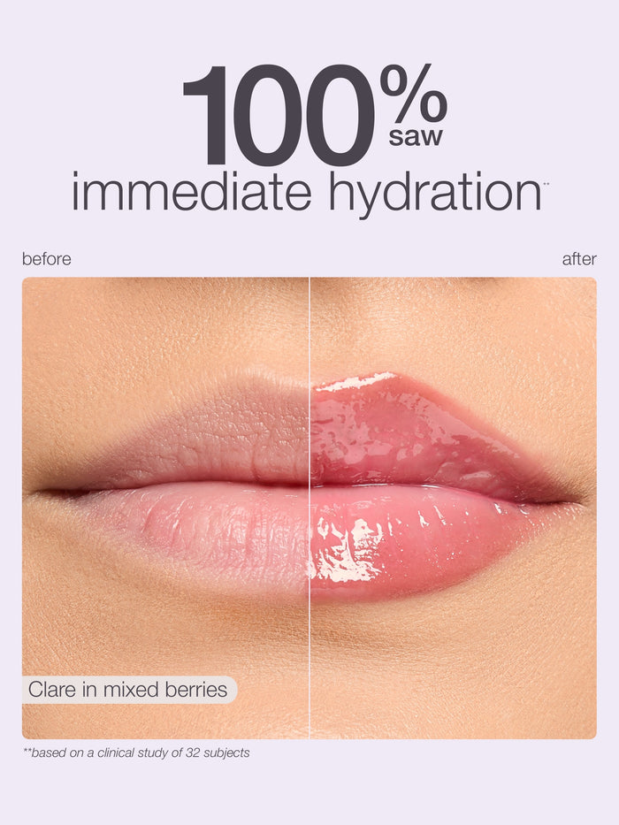 Lips showing hydration improvement; left side matte, right side glossy. Text: 100% saw immediate hydration, before, after, Clare in mixed berries, **based on a clinical study of 32 subjects.