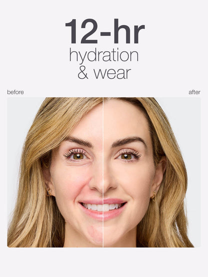 Before and after comparison of a woman's face with text '12-hr hydration & wear' on a white background.