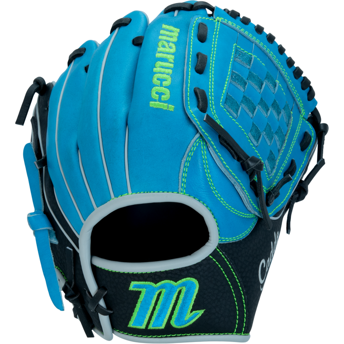 The Marucci Caddo 10.5" Baseball Glove (MFG3CD105-SB/BK) is a durable youth glove in blue and black with neon green accents, a woven web pattern, and full-grain cowhide leather construction.