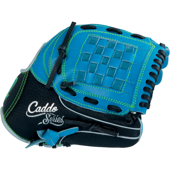The Marucci Caddo 10.5" youth baseball glove (MFG3CD105-SB/BK) features a blue and black design with green stitching, full-grain cowhide leather, “Caddo Series” branding, and a woven web pocket.