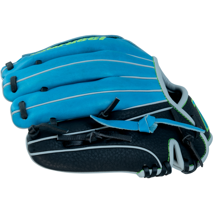 The Marucci Caddo 10.5" Baseball Glove (MFG3CD105-SB/BK) by Marucci features a blue and black design with white and green accents, made of full-grain cowhide leather, shown closed from the side on a white background.