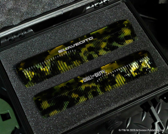 front and back of the Call of Duty X Suavecito Comb in a case