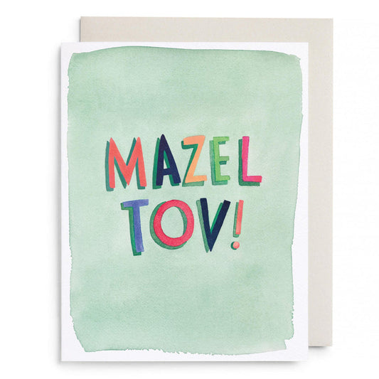 Mazel Tov greeting card with colorful “MAZEL TOV!” lettering on mint background