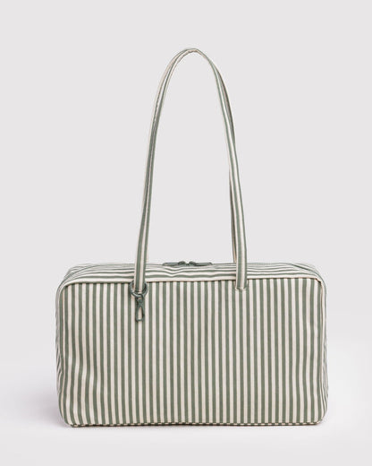 Medium nylon bowler bag featuring sage stripe vertical pattern with long top handles.