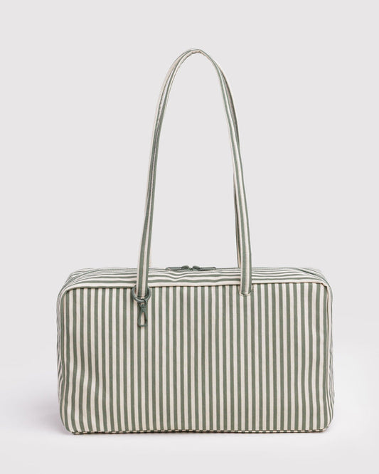 Medium nylon bowler bag featuring sage stripe vertical pattern with long top handles.