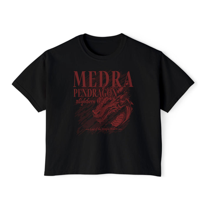 Black vintage-wash Comfort Colors crop top from thtgrlreads featuring Bloodwing Academy design with red gothic print of a dragon and Medra Pendragon text.