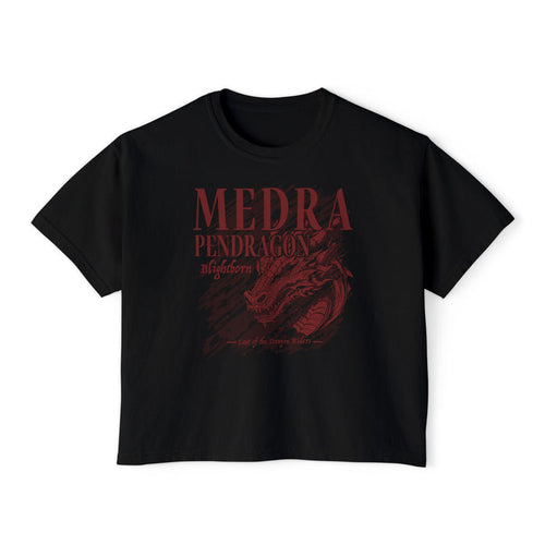 Black vintage-wash Comfort Colors crop top from thtgrlreads featuring Bloodwing Academy design with red gothic print of a dragon and Medra Pendragon text.