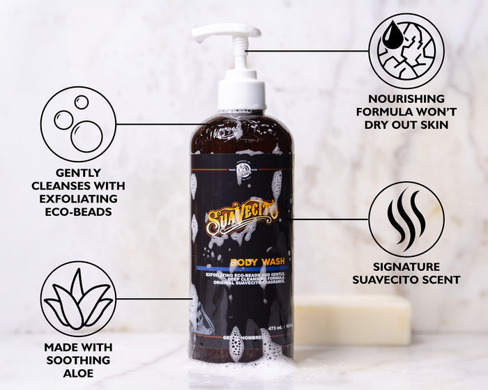 Suavecito body wash bottle with features highlighted on a light background