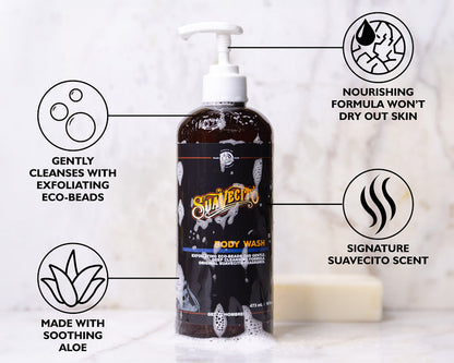 Suavecito body wash bottle with features highlighted on a light background