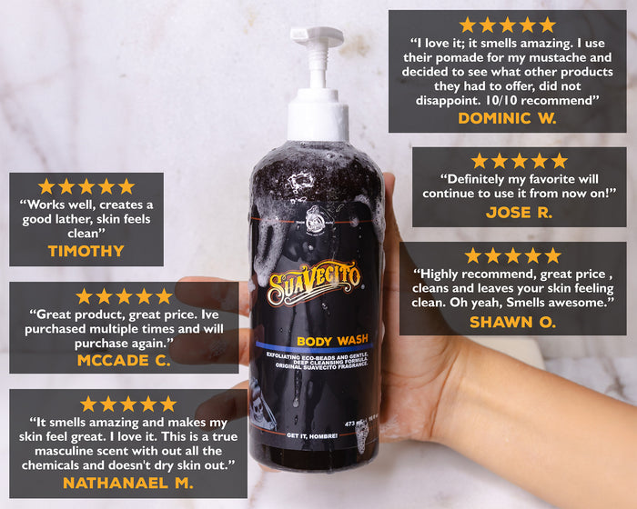 Body wash bottle held by a hand with customer reviews displayed around it.