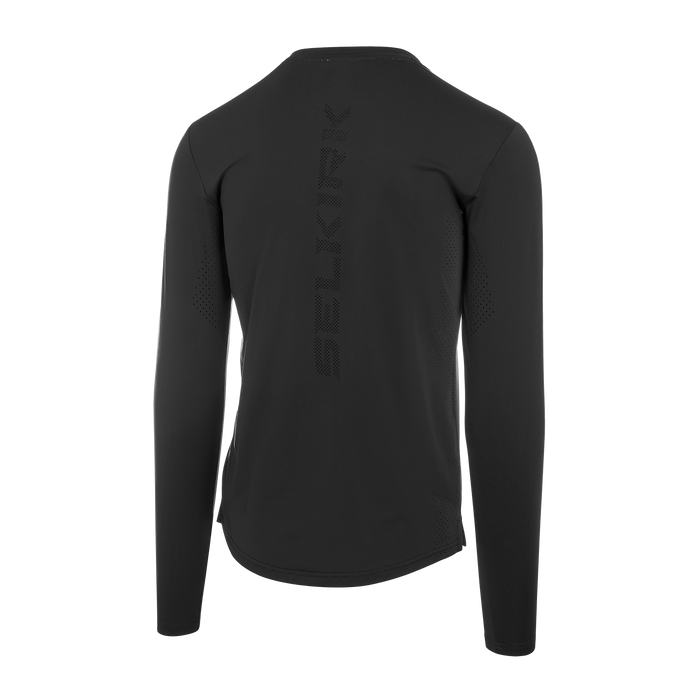 Selkirk pickleball men's long-sleeve shirt in black, grey, and white.