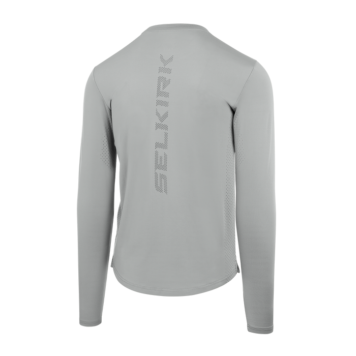 Selkirk pickleball men's long-sleeve shirt in black, grey, and white.