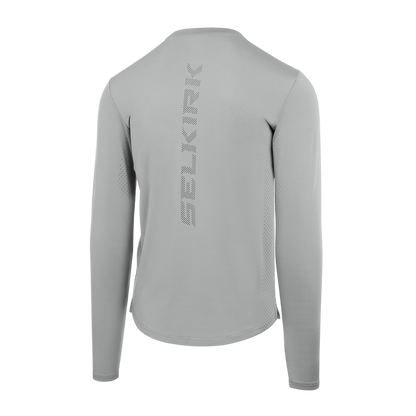 Selkirk pickleball men's long-sleeve shirt in black, grey, and white.