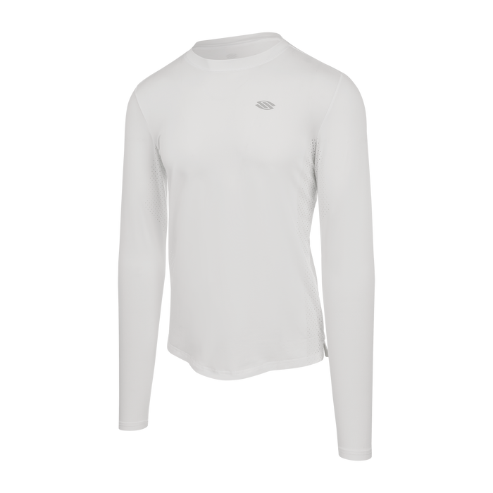 White long-sleeve athletic crew-neck shirt with small chest logo and perforated side panels on transparent background.
