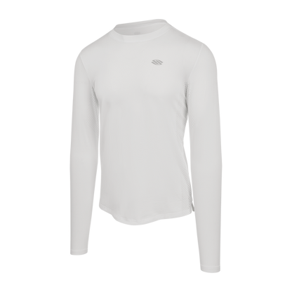 White long-sleeve athletic crew-neck shirt with small chest logo and perforated side panels on transparent background.