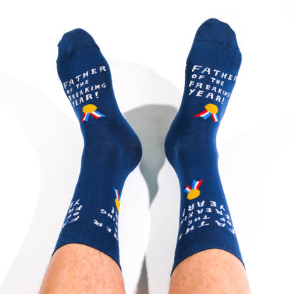 Yellow Owl Workshop men's socks with "Father of the Year" design, perfect for Father's Day gift.