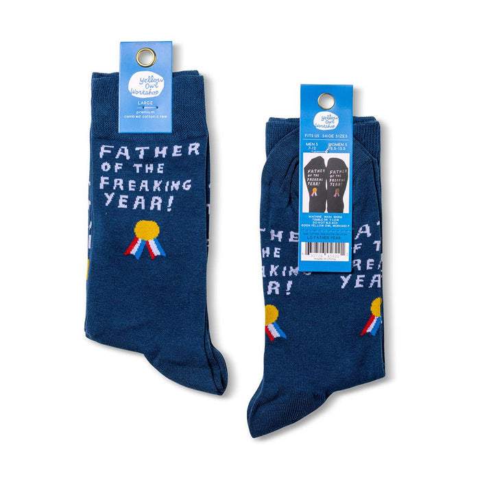 Yellow Owl Workshop men's socks with "Father of the Year" design, perfect for Father's Day gift.