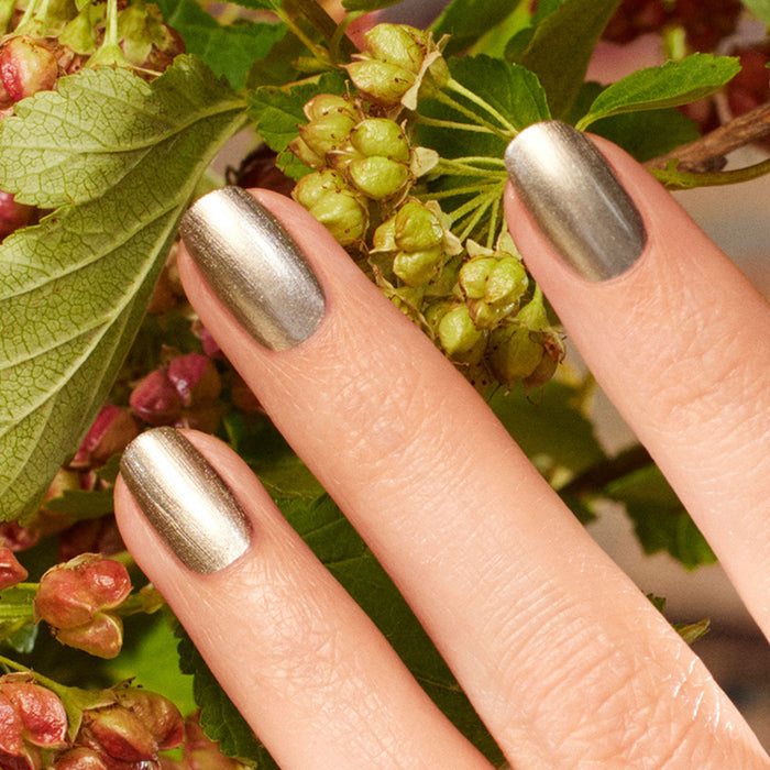 A close-up of a hand with Manucurist Metallic nail polish—metallic silver with cool-toned gold highlights—rests against green and reddish plant buds and leaves.