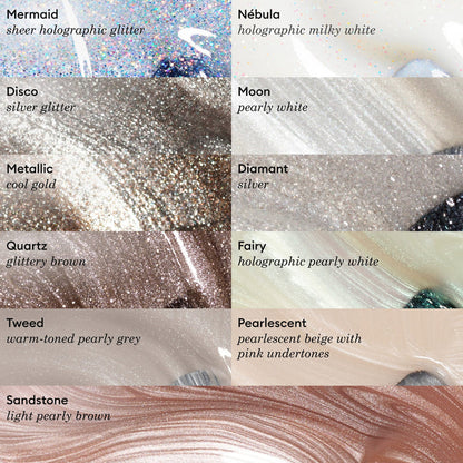 Close-up swatches of Manucurist’s Metallic nail polish shades, including cool-toned gold Metallic and glittery Green Flash Disco—each labeled and featuring luminous metallic highlights for a dazzling finish.