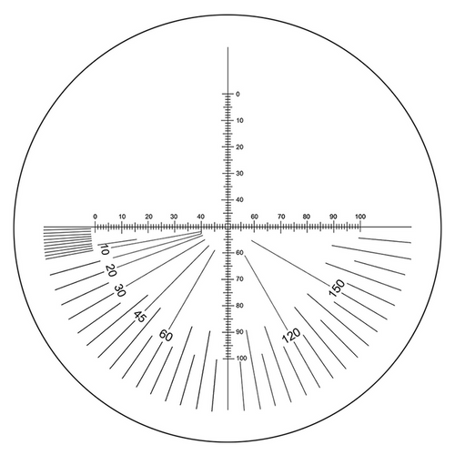 Microscope Eyepiece Reticle Cross Line Micrometer Ruler, 180° Angle, Dual Axis Crosshair Scale Dia. 24mm, 10mm/100 Div., SKU RT20121161, three quarter front view