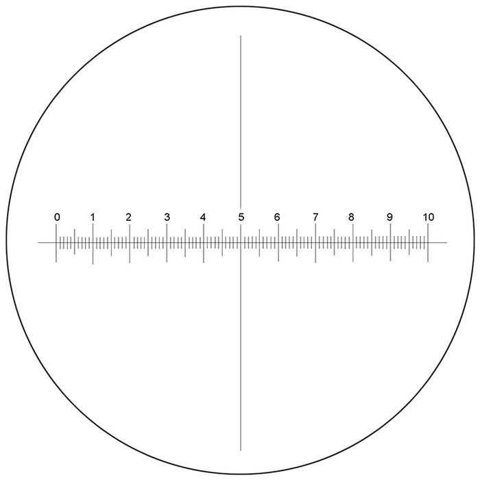 Microscope Eyepiece Reticle Cross Line Micrometer Ruler, X-Axis Crosshair Scale Dia. 24mm, 10mm/100 Div., SKU RT20103163, three quarter front view