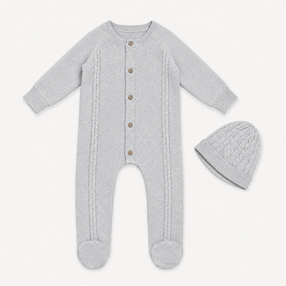 Milan Cable Knit Baby Footie Jumpsuit & Hat SET (Organic)