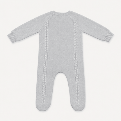 back of Milan Cable Knit Baby Footie Jumpsuit & Hat SET (Organic)