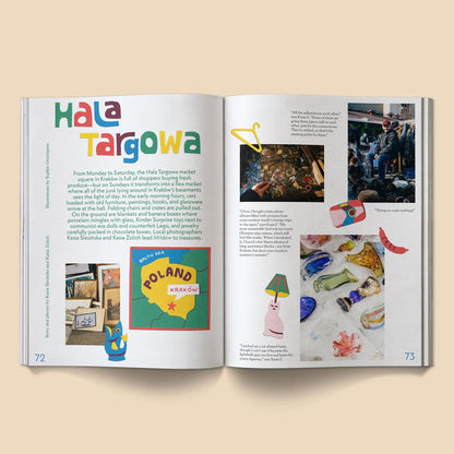 Open magazine spread with colorful infographic layout and illustrated collage images