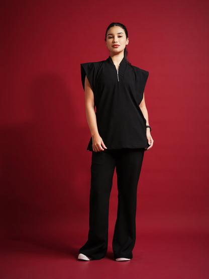 Monarch 4way Stretchable (Black) With Flared Pant Set