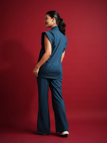 Monarch 4way Stretchable (Peacock Blue) With Flared Pant Set (Copy)