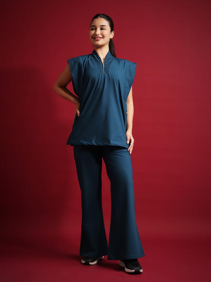 Monarch 4way Stretchable (Peacock Blue) With Flared Pant Set