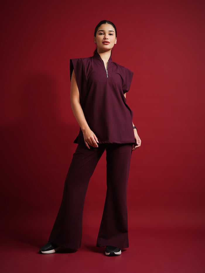 Monarch 4way Stretchable (Wine) With Flared Pant Set