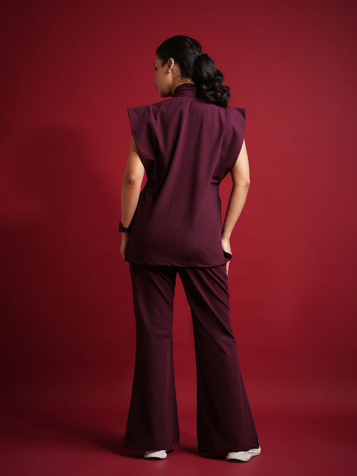 Monarch 4way Stretchable (Wine) With Flared Pant Set