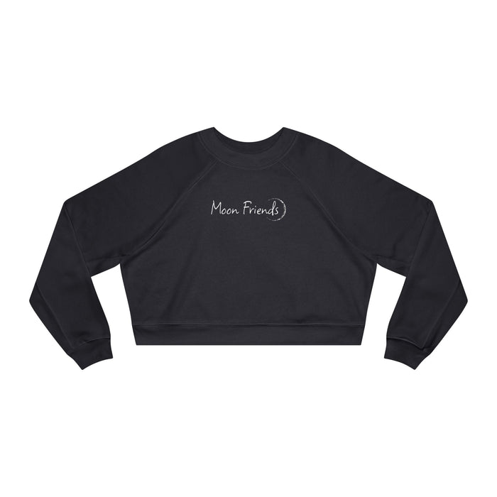thtgrlreads cozy cropped sweatshirt in black Comfort Colors fabric featuring delicate embroidered "Moon Friends" text with a crescent moon detail across the chest.