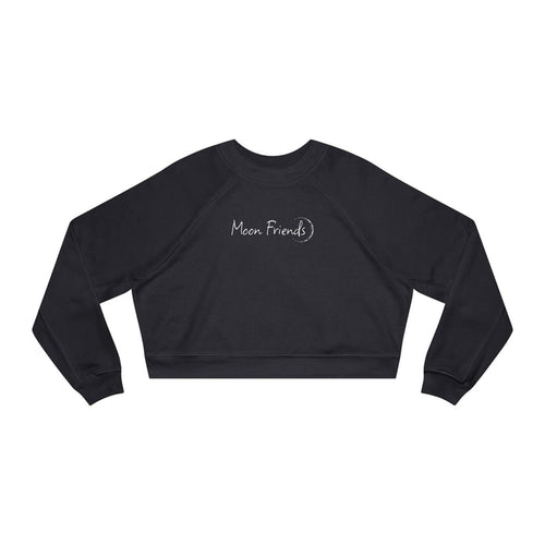 thtgrlreads cozy cropped sweatshirt in black Comfort Colors fabric featuring delicate embroidered "Moon Friends" text with a crescent moon detail across the chest.